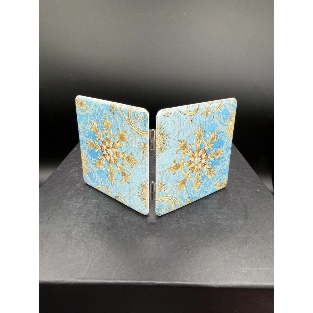 ⚜️🪞 Mirror Compact New White w/ Blue & Gold Fleur-de-Lis Design Travel Purse